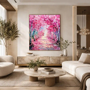 Pink blossom pathway canvas art in impressionist style for elegant bedroom decor.
