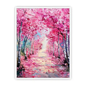 Pink blossom pathway canvas art in impressionist style for elegant bedroom decor.