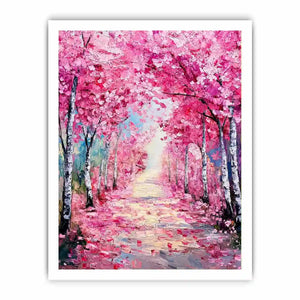 Pink blossom pathway canvas art in impressionist style for elegant bedroom decor.