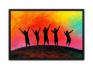 Colorful children silhouette canvas art with sunset sky for playful kids room decor.