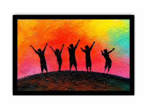 Colorful children silhouette canvas art with sunset sky for playful kids room decor.