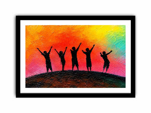 Colorful children silhouette canvas art with sunset sky for playful kids room decor.