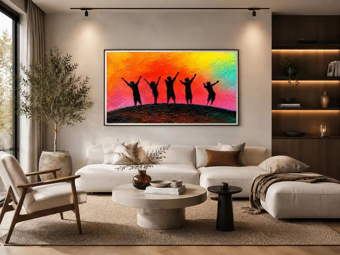 Colorful children silhouette canvas art with sunset sky for playful kids room decor.