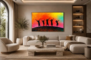 Colorful children silhouette canvas art with sunset sky for playful kids room decor.