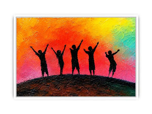 Colorful children silhouette canvas art with sunset sky for playful kids room decor.