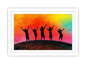 Colorful children silhouette canvas art with sunset sky for playful kids room decor.