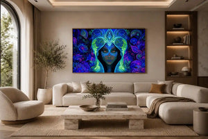 Mystical blue fantasy portrait canvas art for dramatic modern bedroom decor.