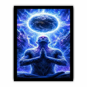Blue cosmic meditation canvas art in surreal spiritual style for modern office decor.