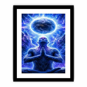 Blue cosmic meditation canvas art in surreal spiritual style for modern office decor.