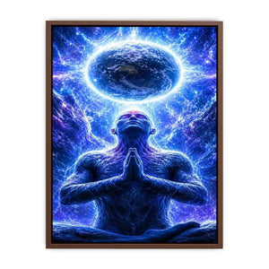 Blue cosmic meditation canvas art in surreal spiritual style for modern office decor.