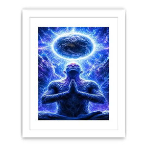 Blue cosmic meditation canvas art in surreal spiritual style for modern office decor.