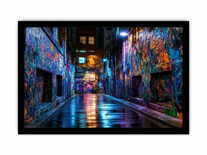 Neon graffiti alley wall art with urban night photography style for modern loft decor.