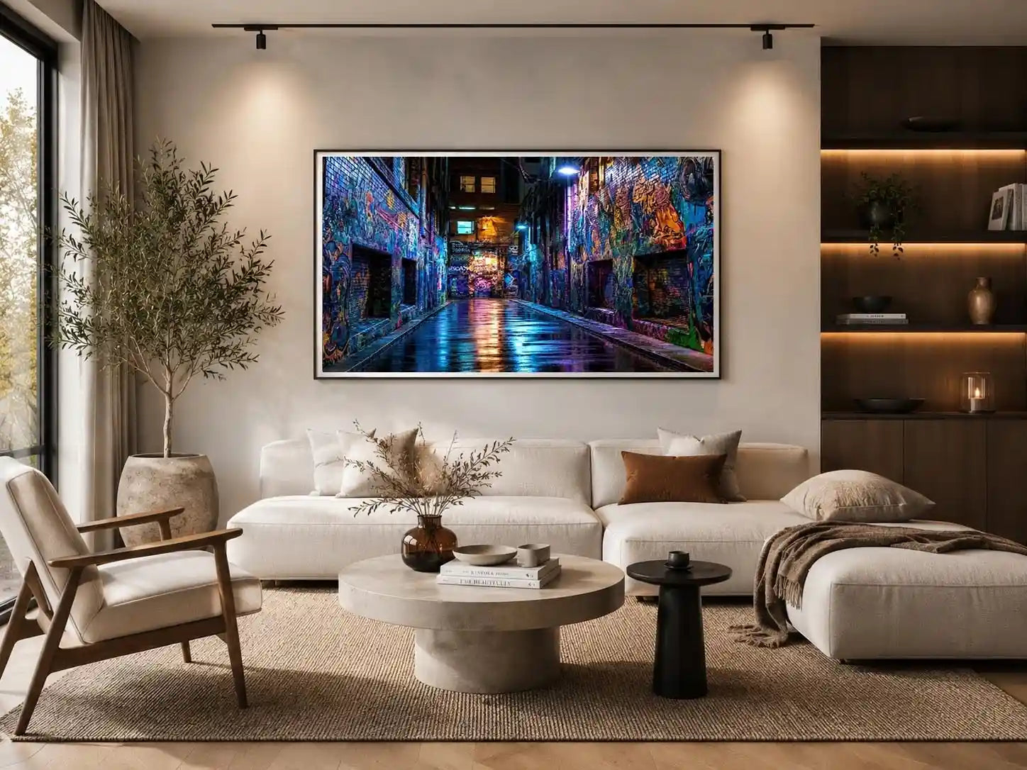Neon graffiti alley wall art with urban night photography style for modern loft decor.