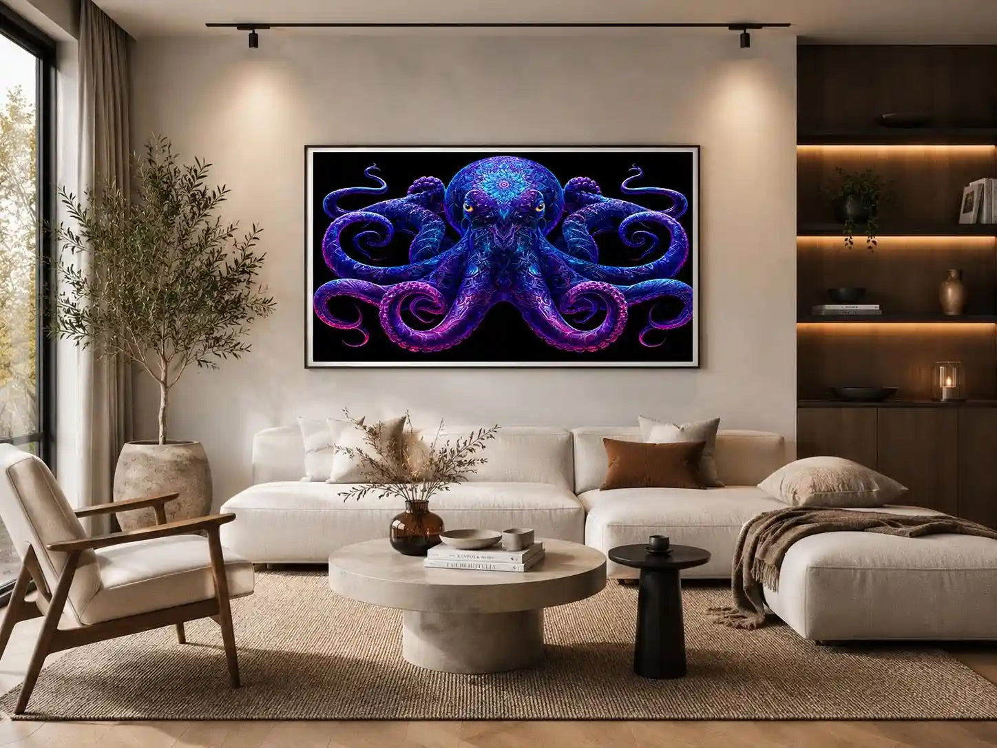 Glowing blue octopus canvas art for bold modern living room decor.