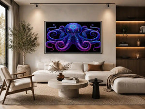 Glowing blue octopus canvas art for bold modern living room decor.