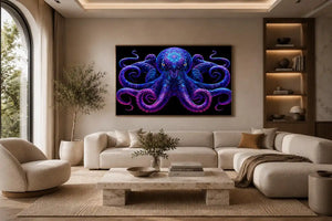 Glowing blue octopus canvas art for bold modern living room decor.