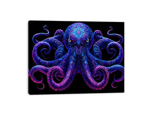 Glowing blue octopus canvas art for bold modern living room decor.