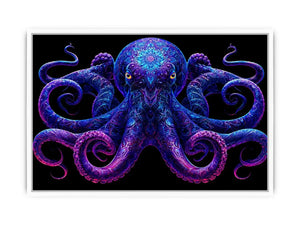Glowing blue octopus canvas art for bold modern living room decor.