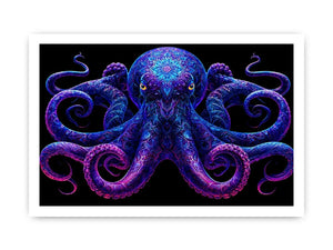 Glowing blue octopus canvas art for bold modern living room decor.