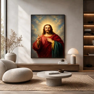 Classic Jesus portrait canvas art with sacred light for peaceful living room decor.