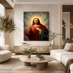 Classic Jesus portrait canvas art with sacred light for peaceful living room decor.