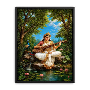 Saraswati veena canvas art with peacock and lotus for elegant living room decor.