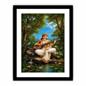 Saraswati veena canvas art with peacock and lotus for elegant living room decor.