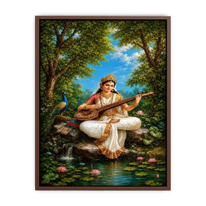 Saraswati veena canvas art with peacock and lotus for elegant living room decor.