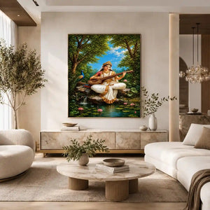 Saraswati veena canvas art with peacock and lotus for elegant living room decor.
