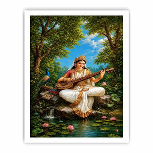 Saraswati veena canvas art with peacock and lotus for elegant living room decor.