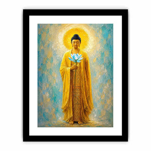 Golden Buddha lotus canvas art in peaceful spiritual style for meditation room decor.