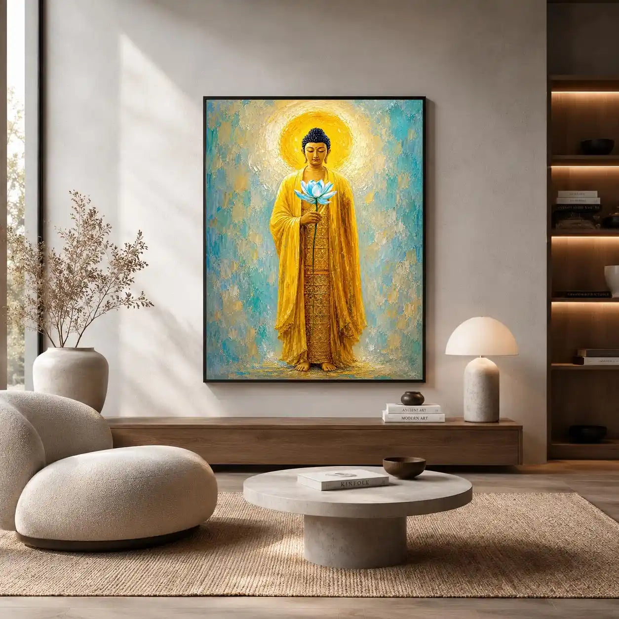 Golden Buddha lotus canvas art in peaceful spiritual style for meditation room decor.