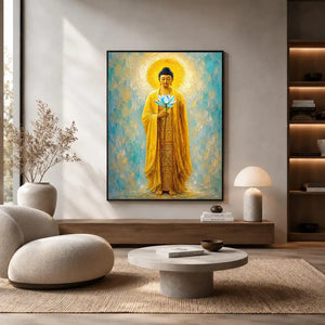 Golden Buddha lotus canvas art in peaceful spiritual style for meditation room decor.