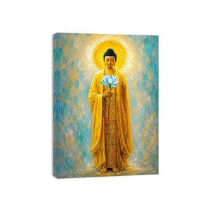 Golden Buddha lotus canvas art in peaceful spiritual style for meditation room decor.