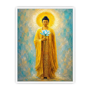 Golden Buddha lotus canvas art in peaceful spiritual style for meditation room decor.