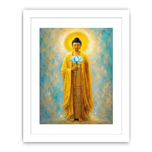 Golden Buddha lotus canvas art in peaceful spiritual style for meditation room decor.
