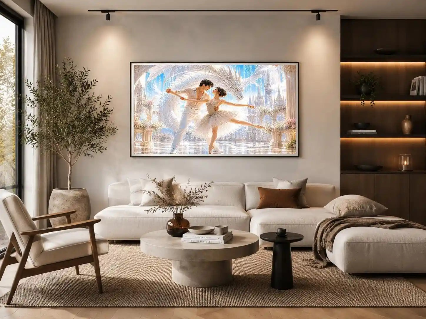 Fantasy ballet couple dancing with a white dragon in a luxury palace interior canvas art