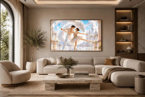 Fantasy ballet couple dancing with a white dragon in a luxury palace interior canvas art