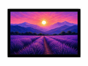 Lavender field landscape canvas art with sunset mountains for elegant bedroom decor.