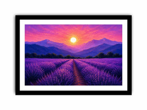 Lavender field landscape canvas art with sunset mountains for elegant bedroom decor.