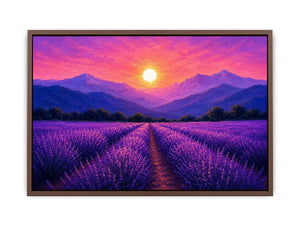 Lavender field landscape canvas art with sunset mountains for elegant bedroom decor.