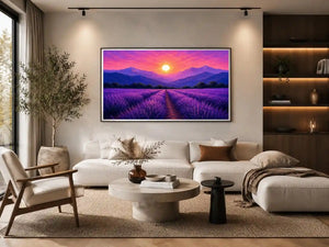 Lavender field landscape canvas art with sunset mountains for elegant bedroom decor.