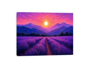 Lavender field landscape canvas art with sunset mountains for elegant bedroom decor.