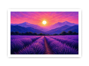 Lavender field landscape canvas art with sunset mountains for elegant bedroom decor.