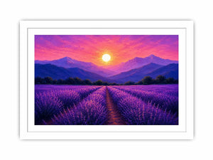 Lavender field landscape canvas art with sunset mountains for elegant bedroom decor.