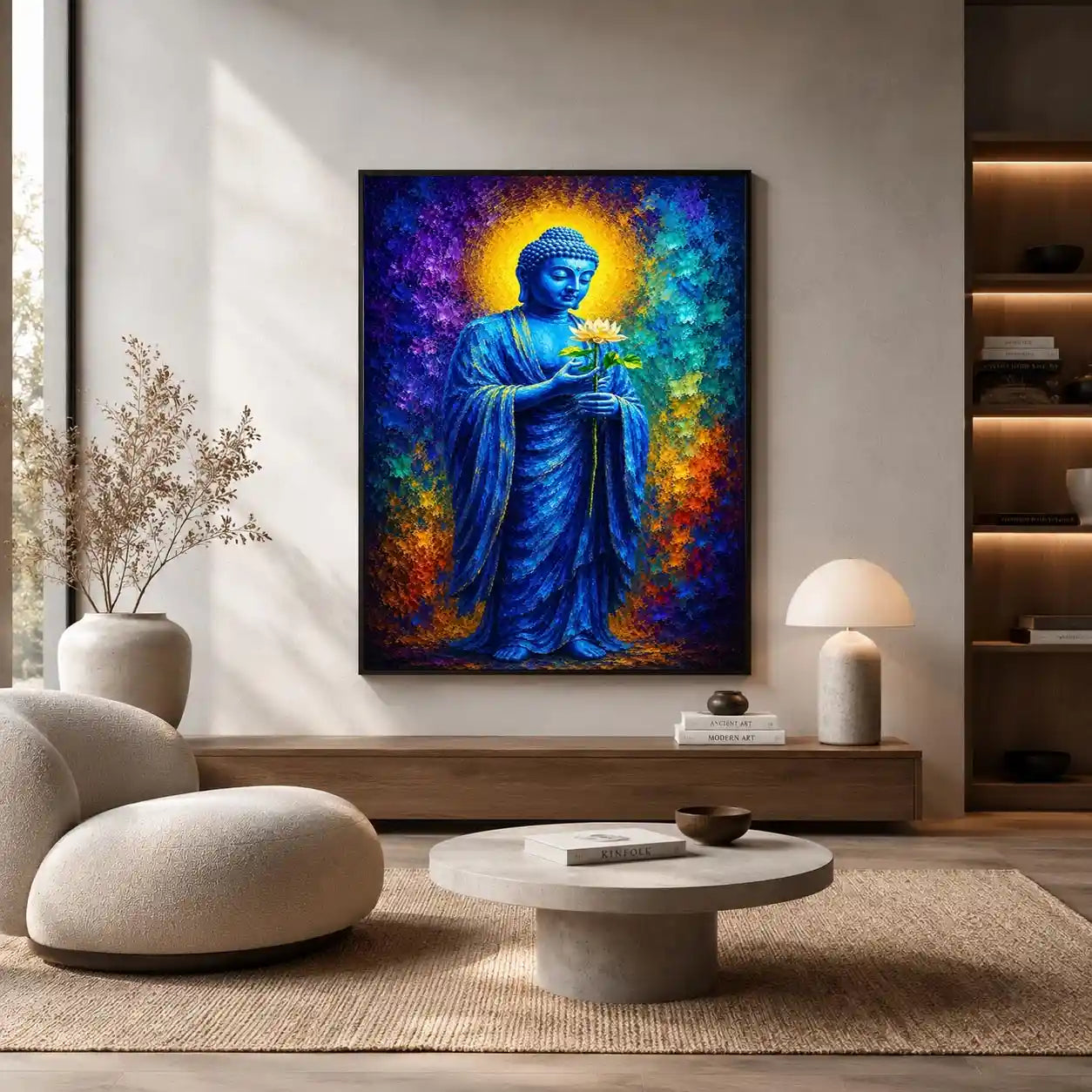Blue Buddha lotus canvas print in spiritual style for peaceful bedroom or office decor.