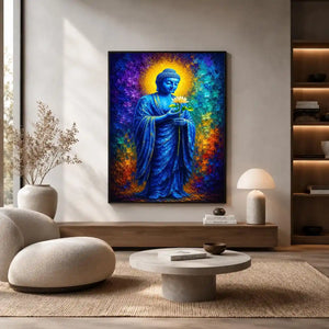 Blue Buddha lotus canvas print in spiritual style for peaceful bedroom or office decor.