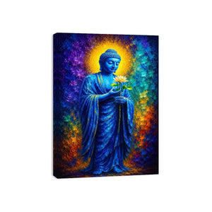 Blue Buddha lotus canvas print in spiritual style for peaceful bedroom or office decor.