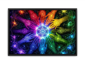 Colorful hands and sacred geometry canvas art for creative office or living room decor.