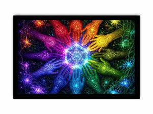 Colorful hands and sacred geometry canvas art for creative office or living room decor.